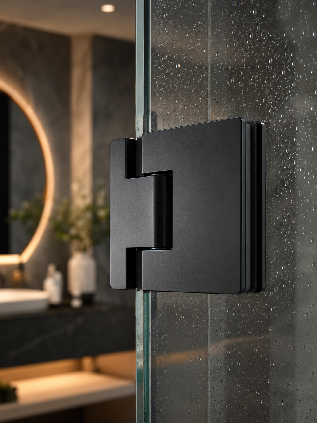 Close-up of matte black frameless glass shower door hinge with water droplets on tempered glass